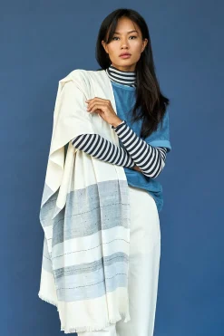 Damen-Schultertuch gestreift, Creme-Blau